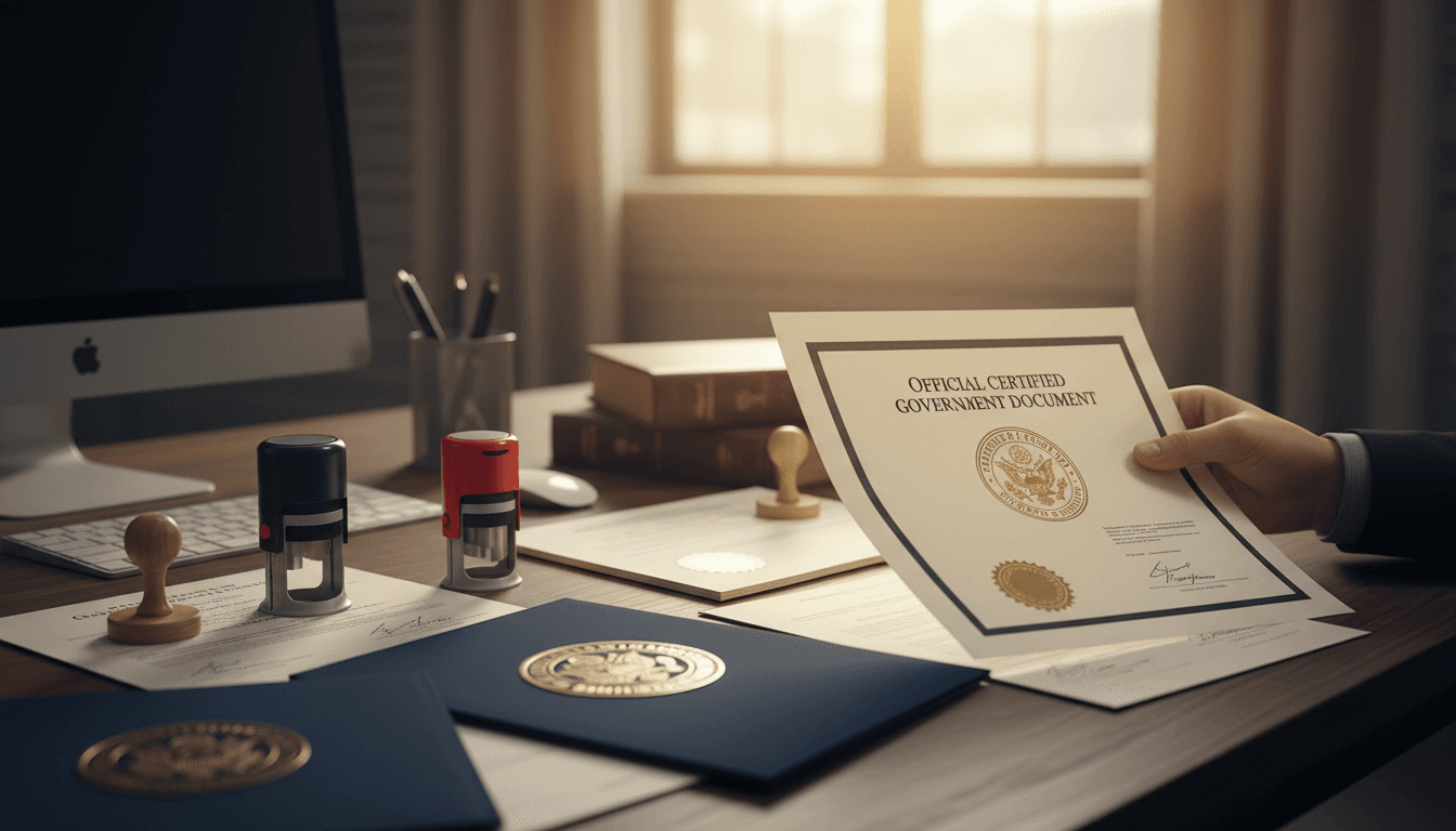 Professional and modern close-up of official government documents and stamps arranged on a dark wooden desk.